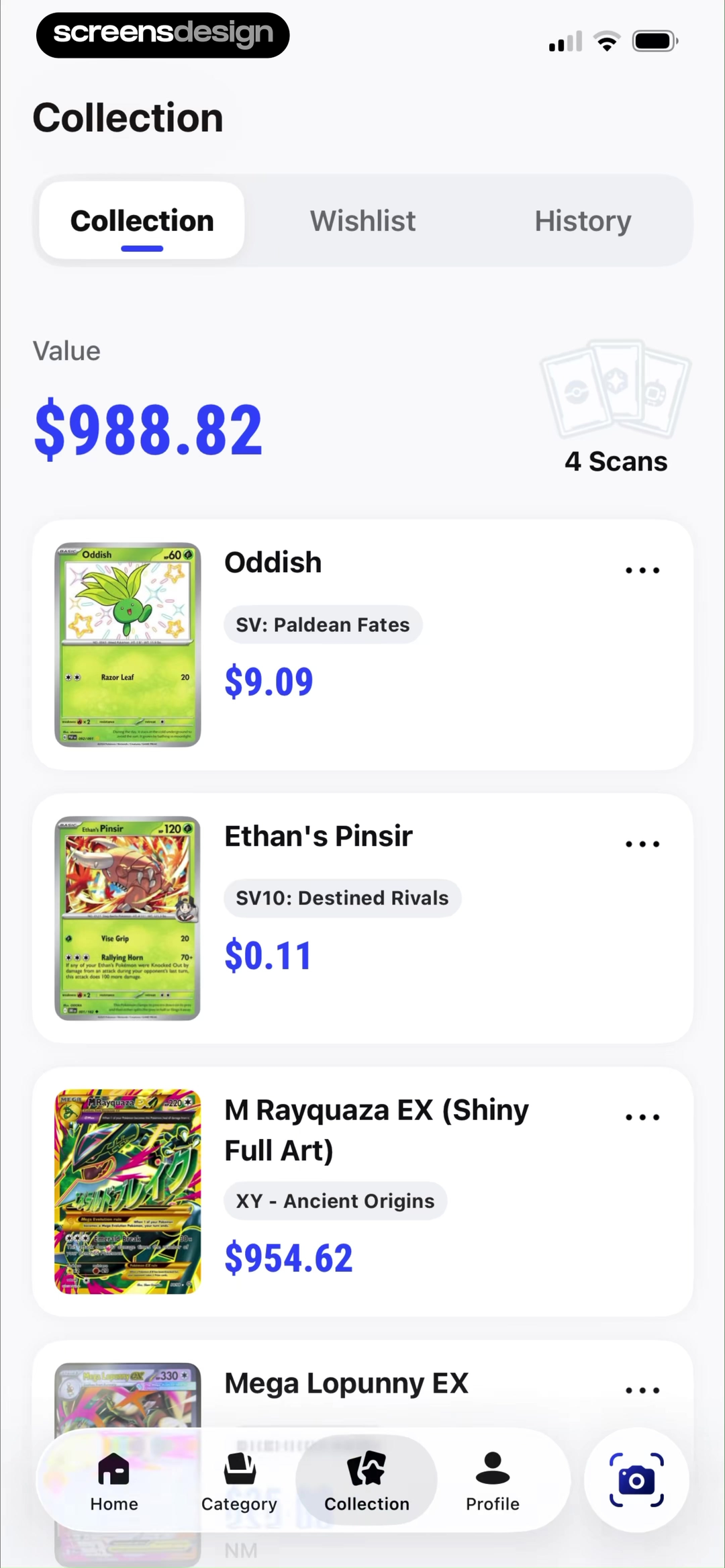 Foloy trading card collection with total value history and card rows