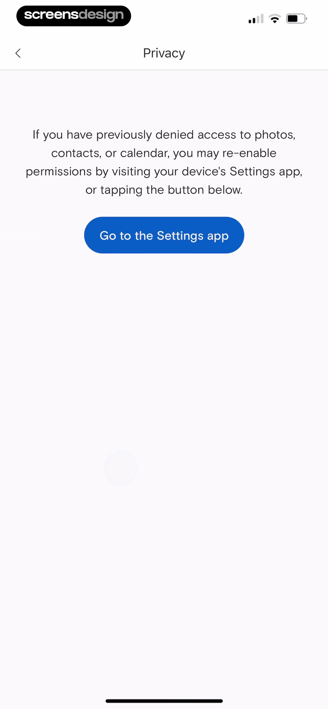 Paperless Post Privacy screen explaining how to re-enable denied permissions in device Settings