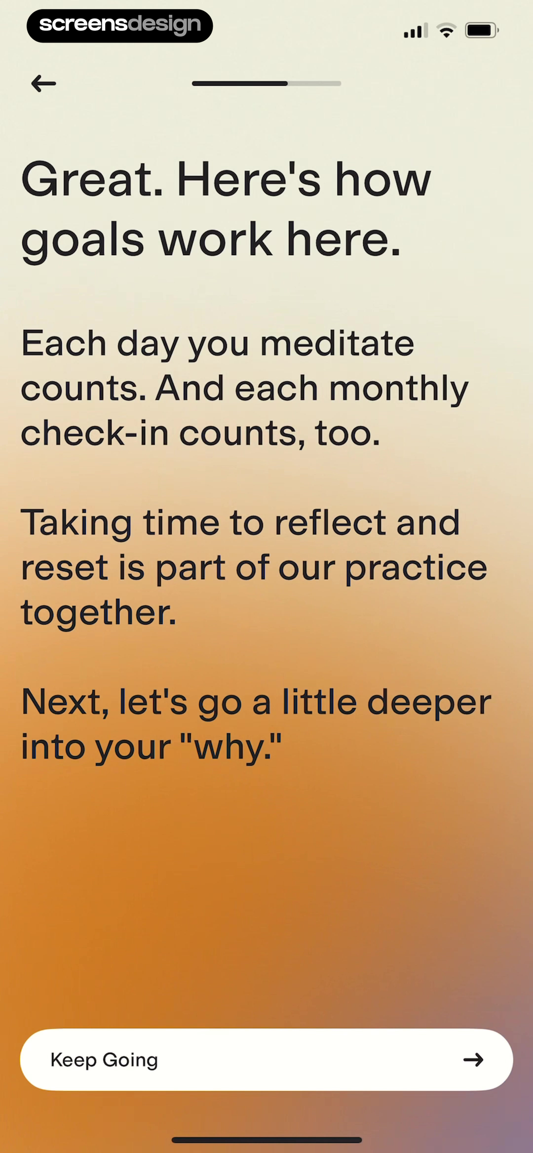 Happier Meditation screen showing the app explains that meditation days and monthly check-ins both count before asking for a deeper why.