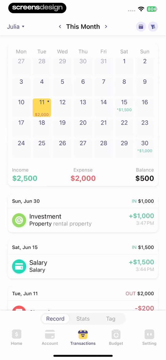 Budget app monthly calendar spending dashboard