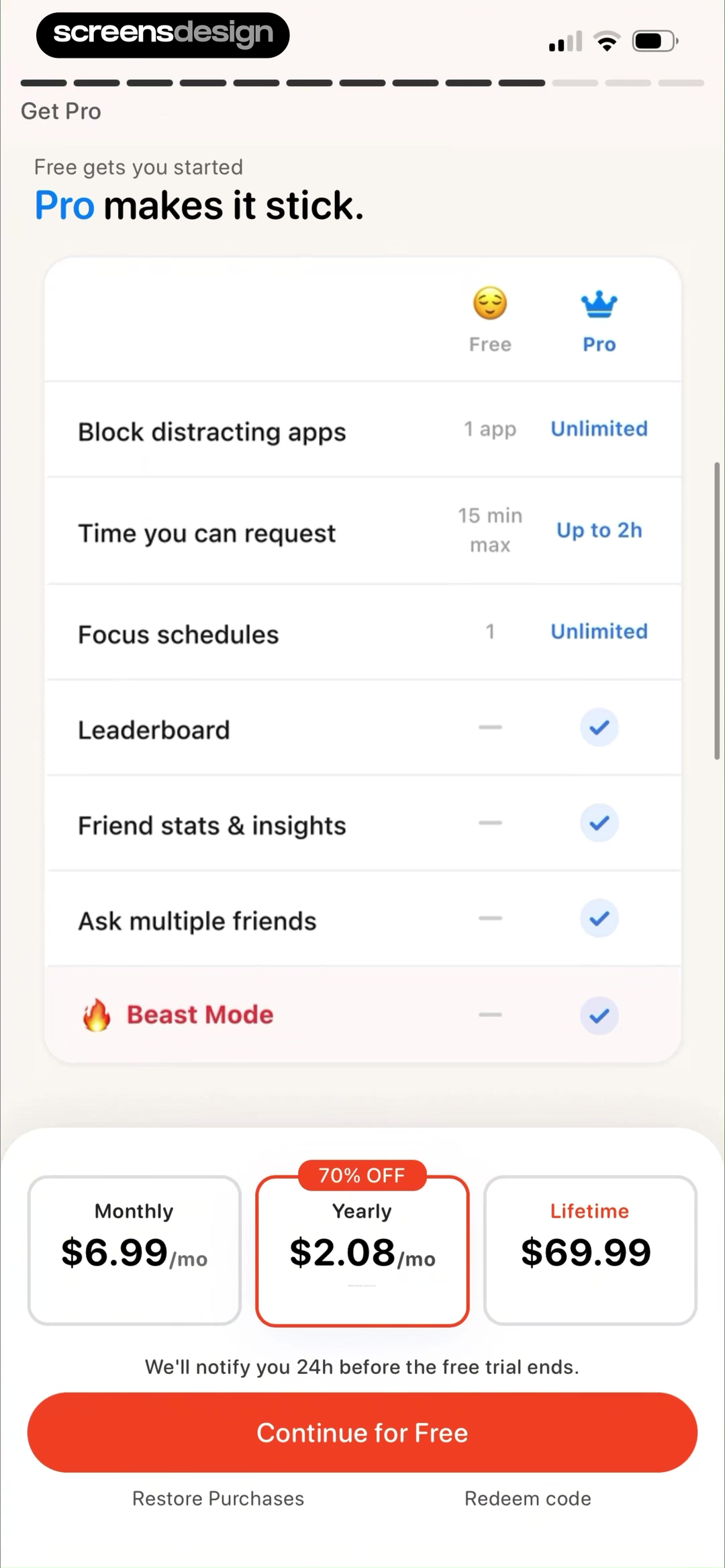 Useless - Screen Time Control screen showing the Free versus Pro table quantifies blocked apps and request duration instead of relying on vague labels.