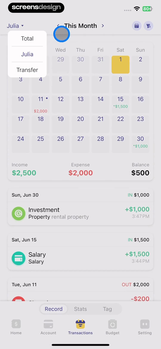 Budget app dashboard with transfer income expense and balance