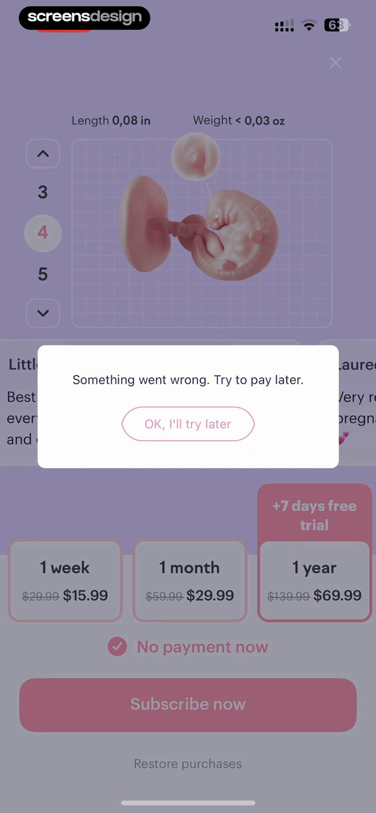 amma: Pregnancy & Baby Tracker screen showing something went wrong explicitly recommends trying later and provides a calm acknowledgement path.