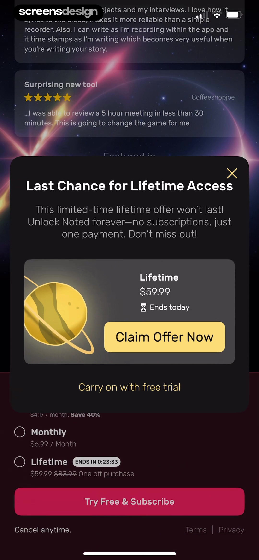 Noted: Record & AI Transcribe mobile app screen showing Last Chance for Lifetime Access and This limited-time lifetime offer won't last!