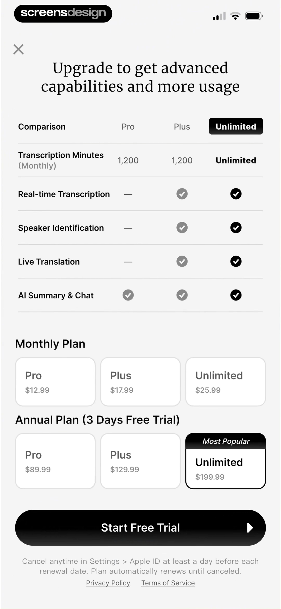 HyNote: AI Note Taker, Summary screen showing pro and Plus use transcription minutes, translation, speaker identification, and real-time capabilities as decision units.
