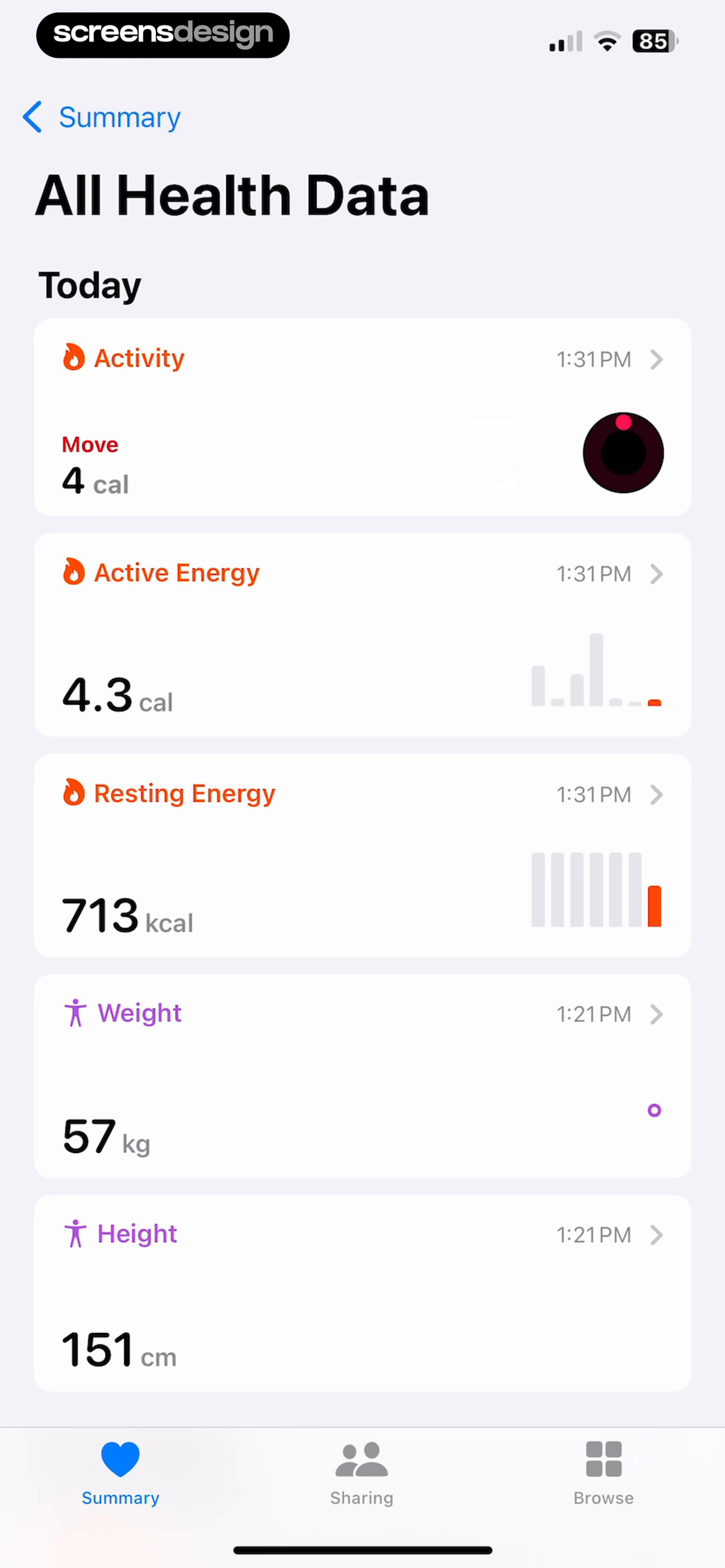 Apple Health data screen presenting activity, energy, weight, and height as scannable metric cards
