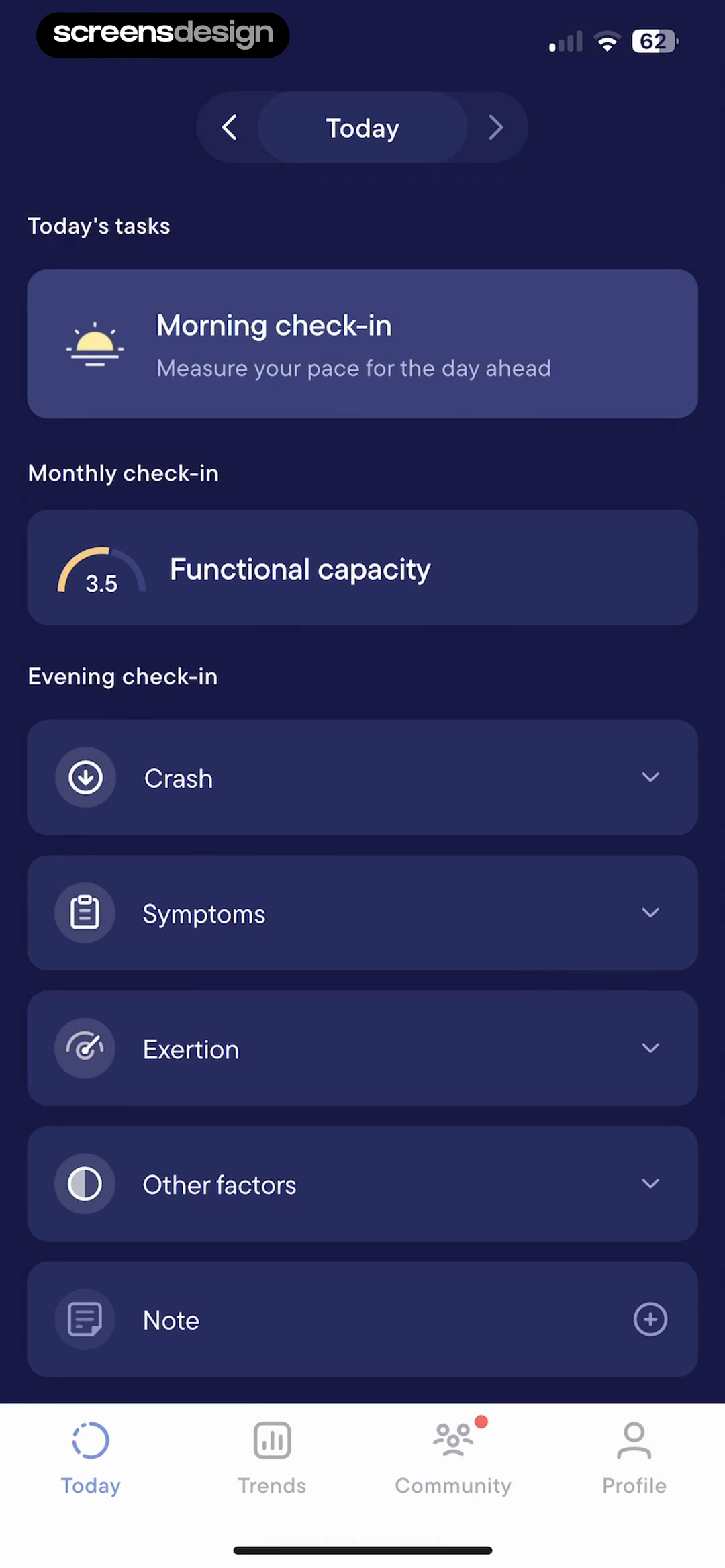 Visible Today dashboard with morning and monthly check-ins plus collapsed evening health categories