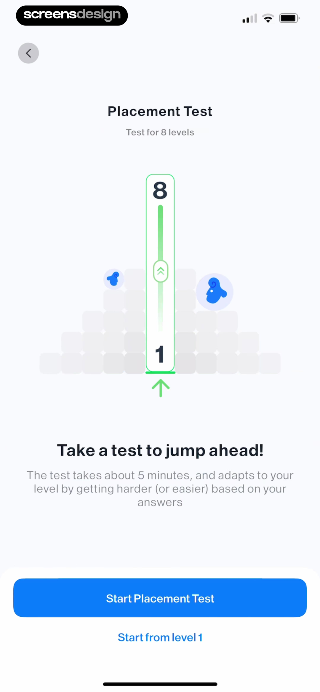 iStoria language placement test introduction with time and adaptive difficulty