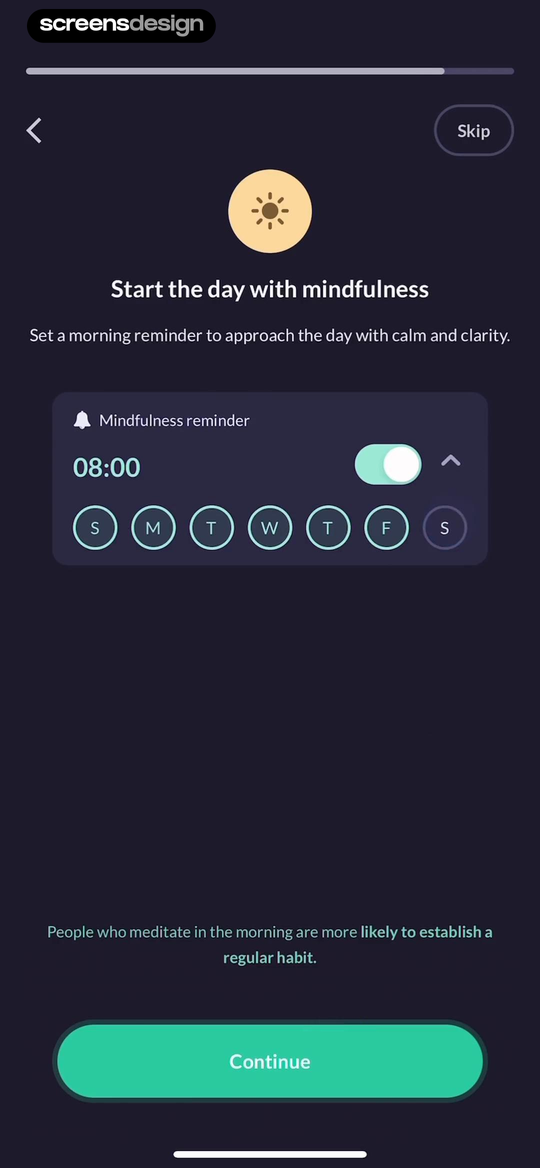 Pura Mente: Sleep & Meditation screen showing a morning reminder is framed as starting with calm and clarity, with time, days, and Skip visible.