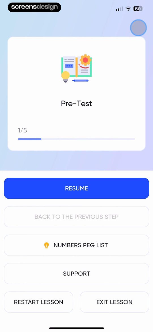 memoryOS screen showing resume is separated from previous step, support, restart lesson, and exit lesson