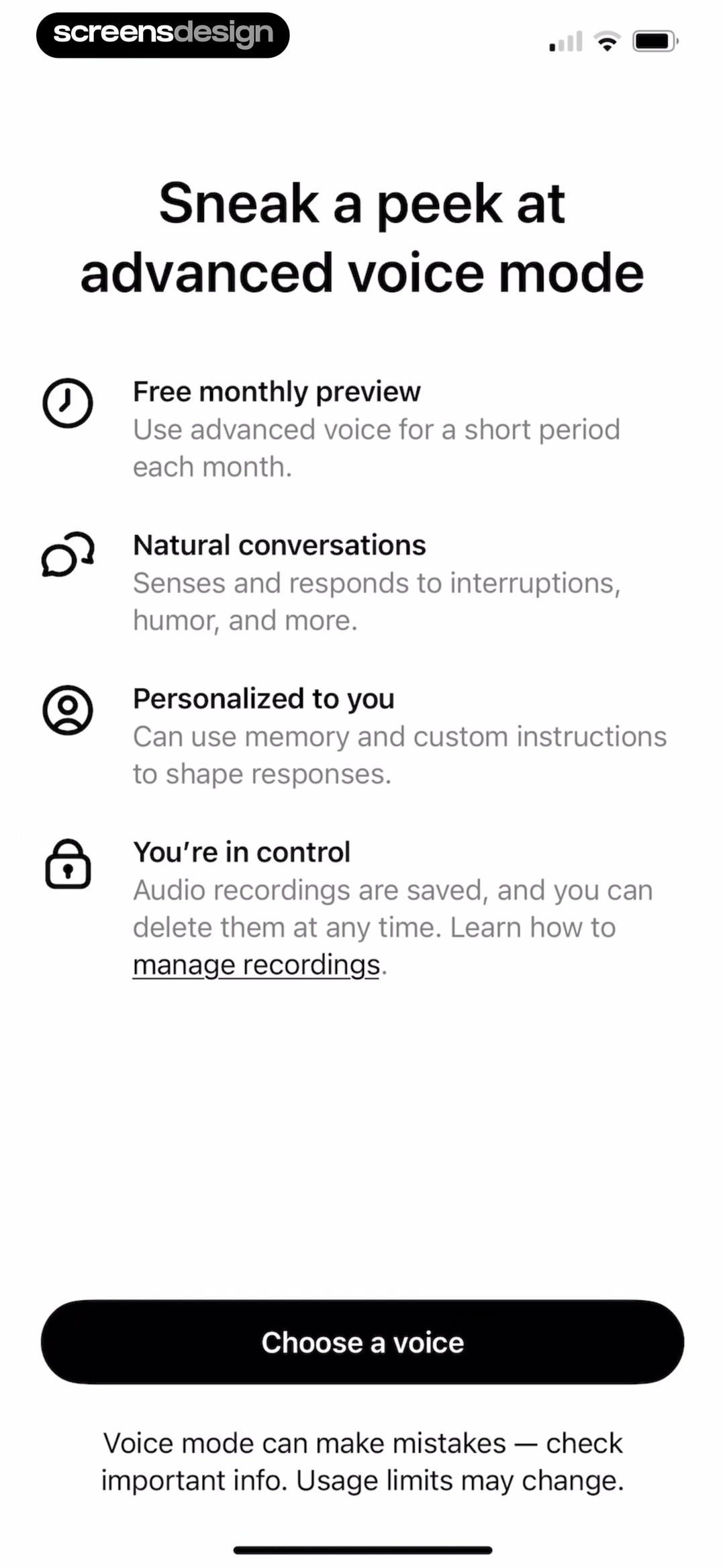 ChatGPT advanced voice onboarding with feature and control explanations