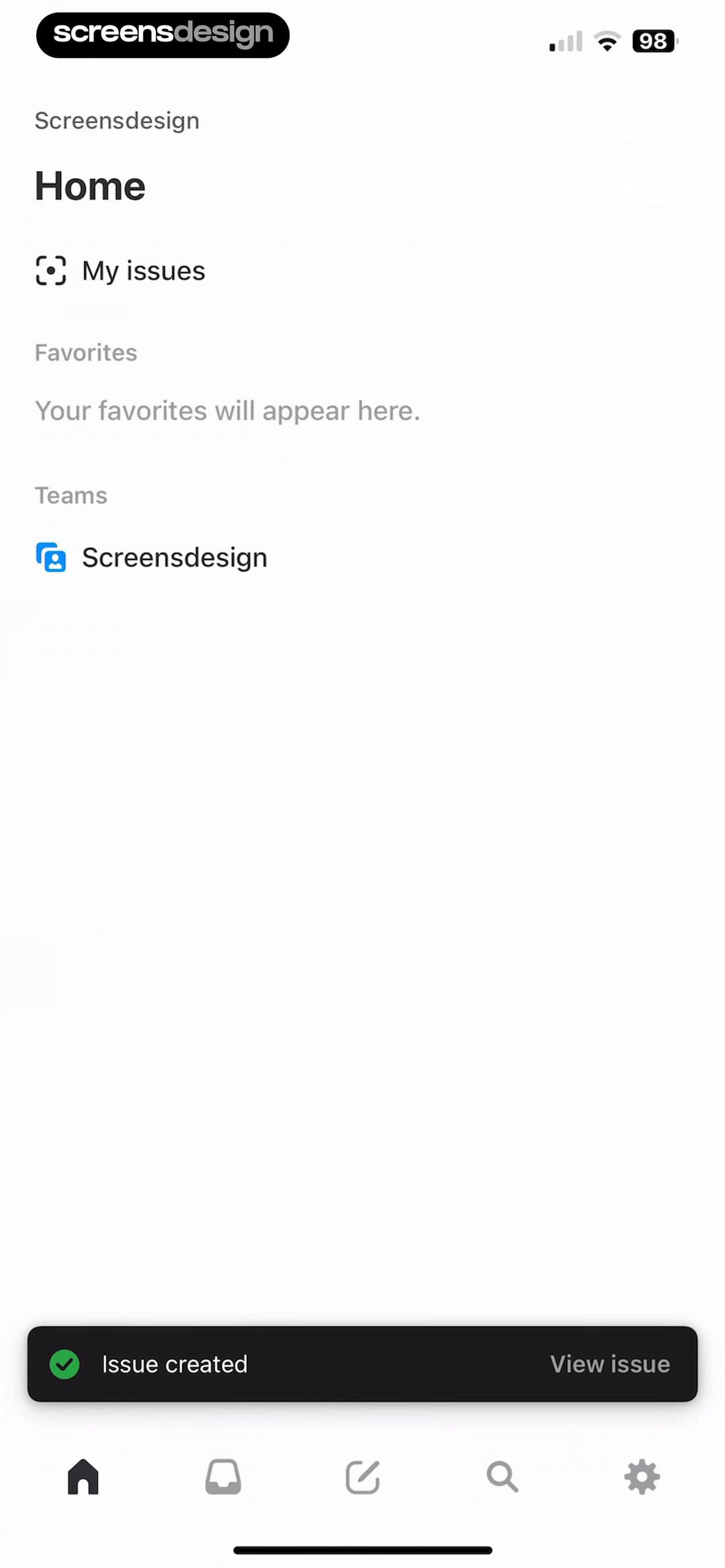 Linear Mobile home screen with an Issue created confirmation and a View issue recovery action