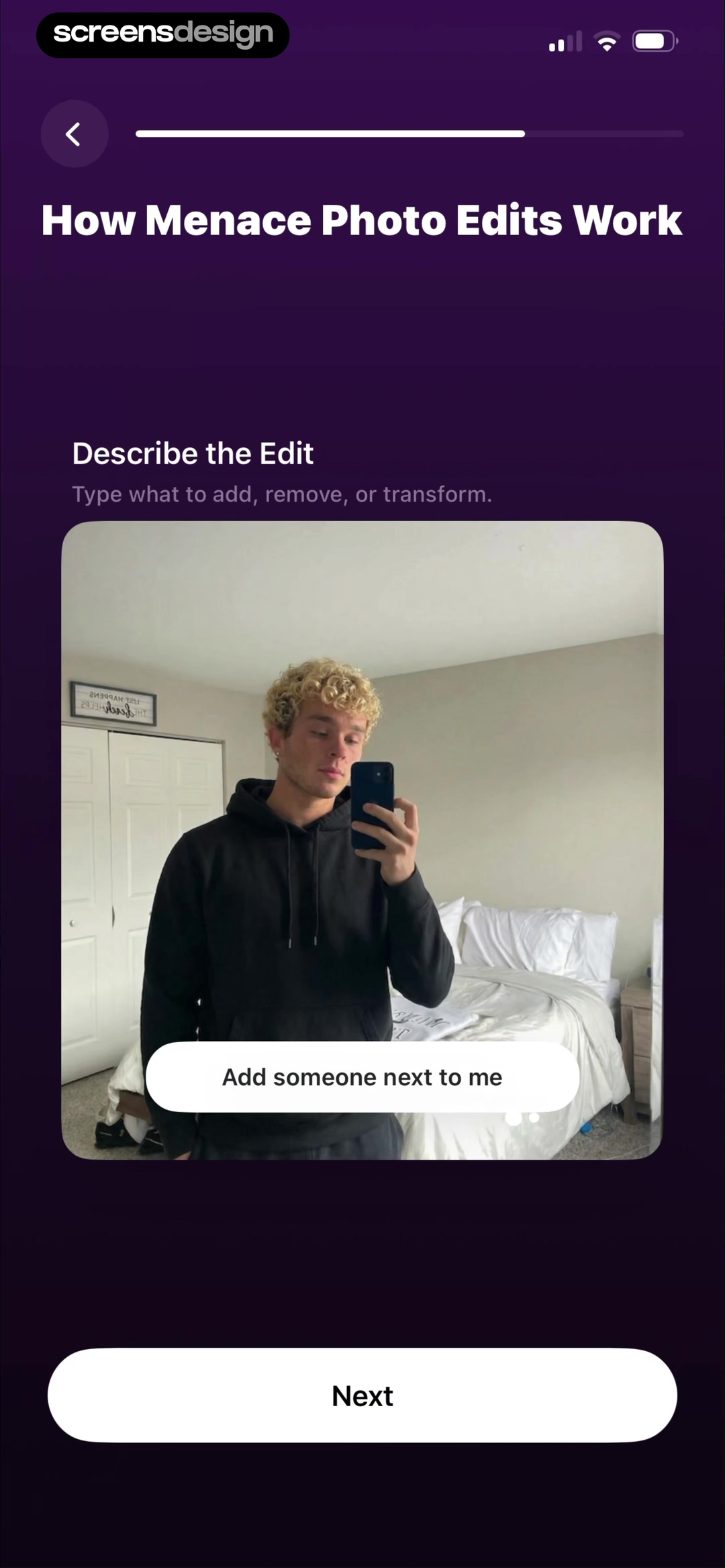 Menace AI photo editor onboarding explaining how to describe an edit