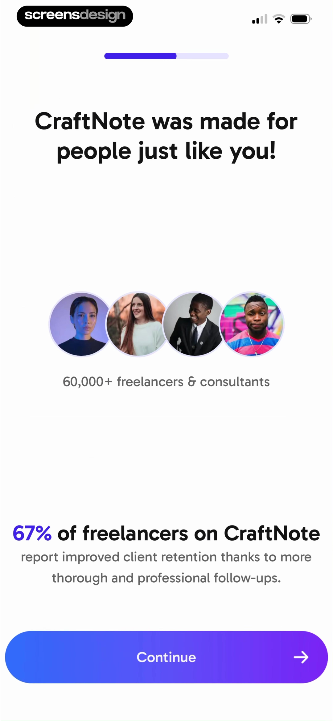 CraftNote onboarding proof screen tailored to freelancers and consultants