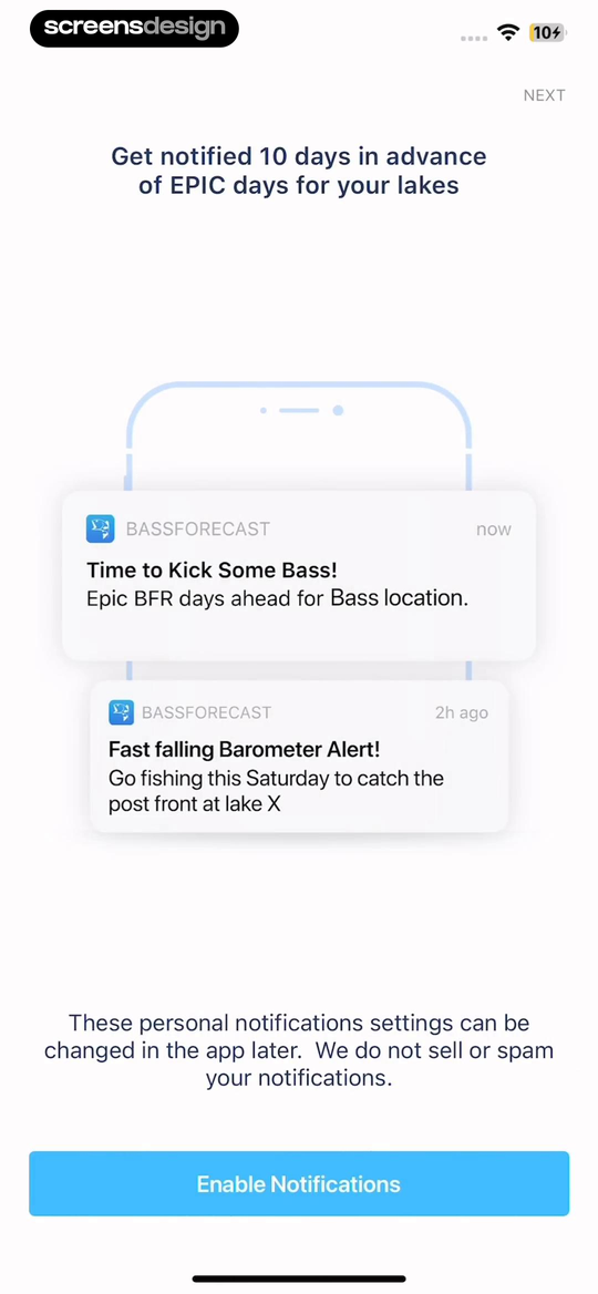 BassForecast notification warm-up showing useful fishing alerts