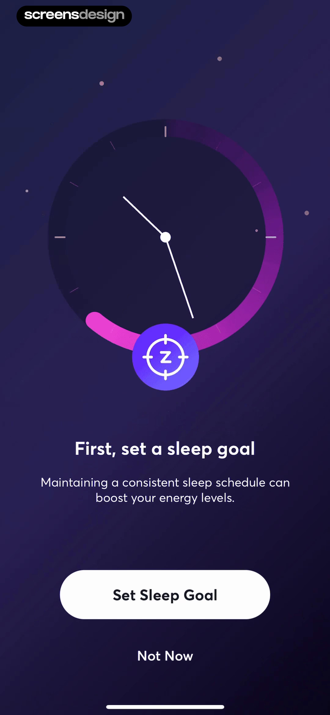 BetterSleep: Relax and Sleep screen showing the first sleep goal is connected to energy and a consistent schedule, with Not Now still available.