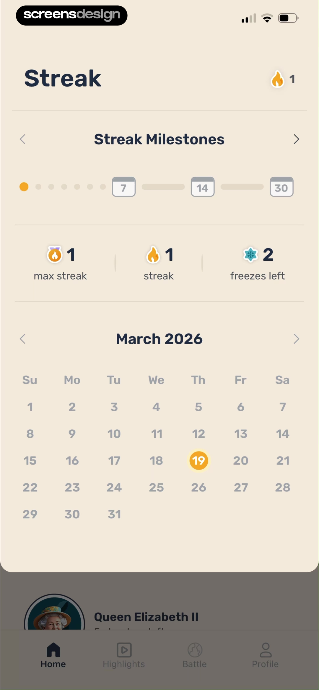 Paladin screen showing streak milestones, maximum streak, and two freezes left share one dashboard