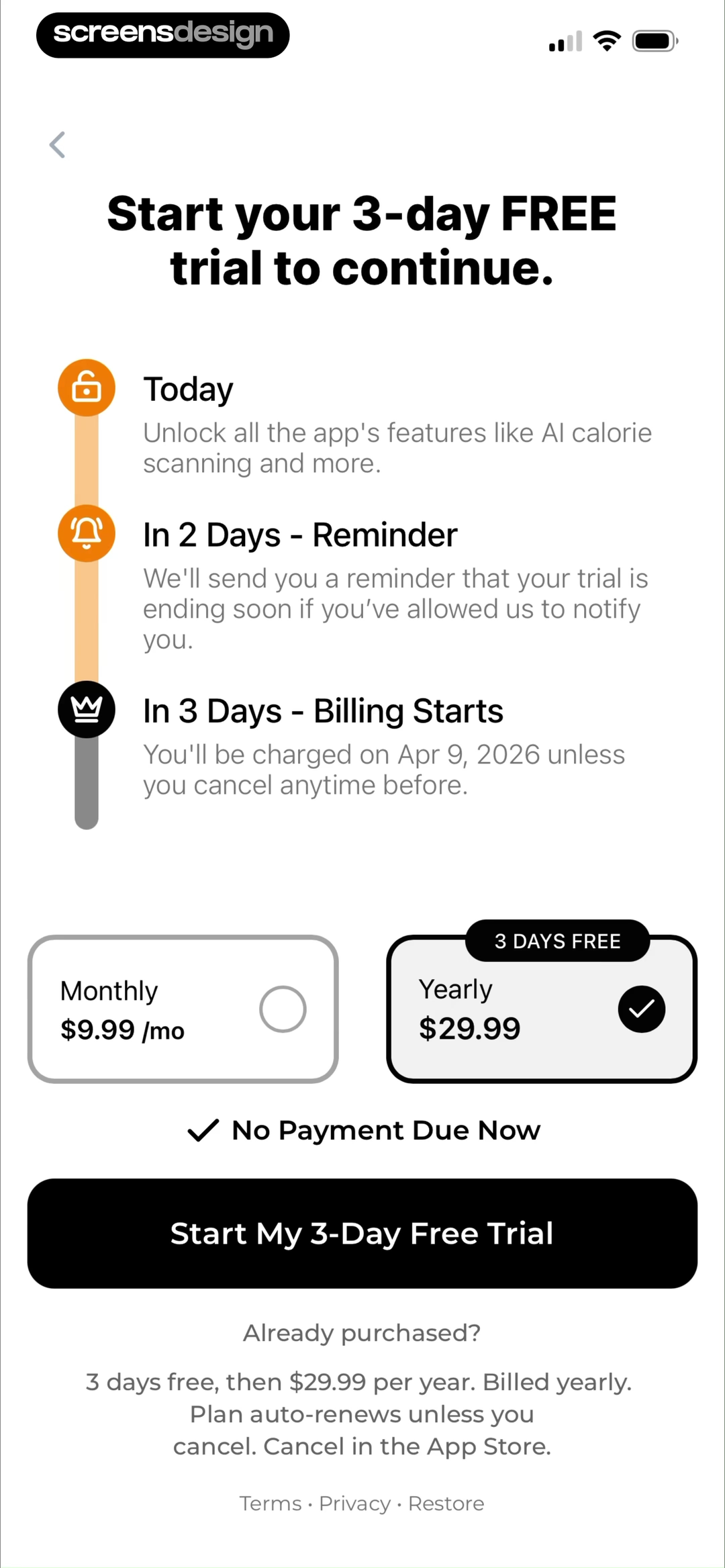 Cal AI paywall with trial timeline, monthly and yearly plans, billing date, terms, privacy, and restore
