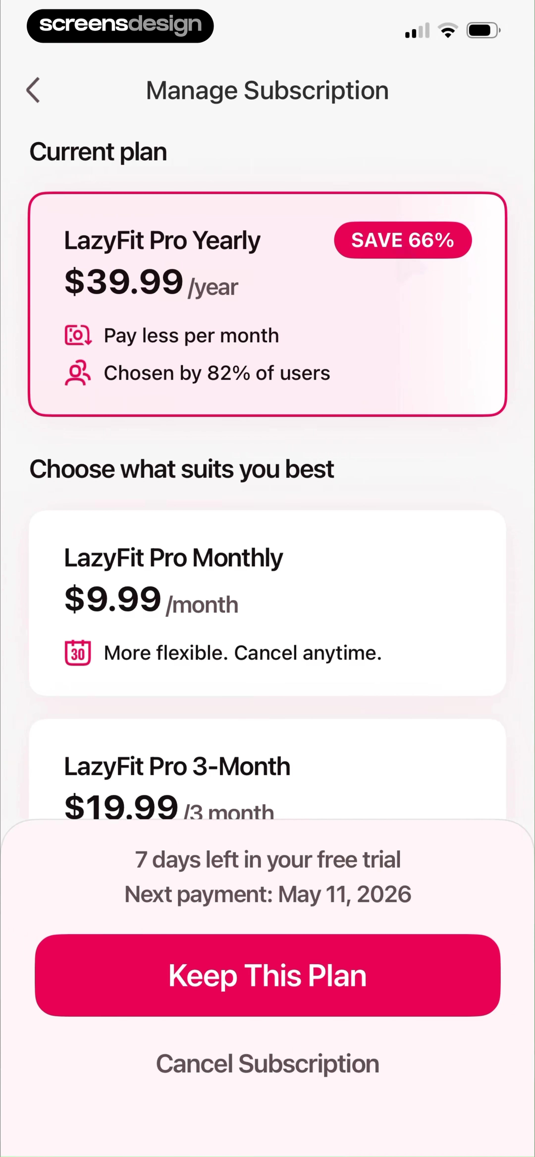 LazyFit: Workout For Beginners screen showing the current yearly plan appears before monthly and three-month alternatives with comparable prices and flexibility.