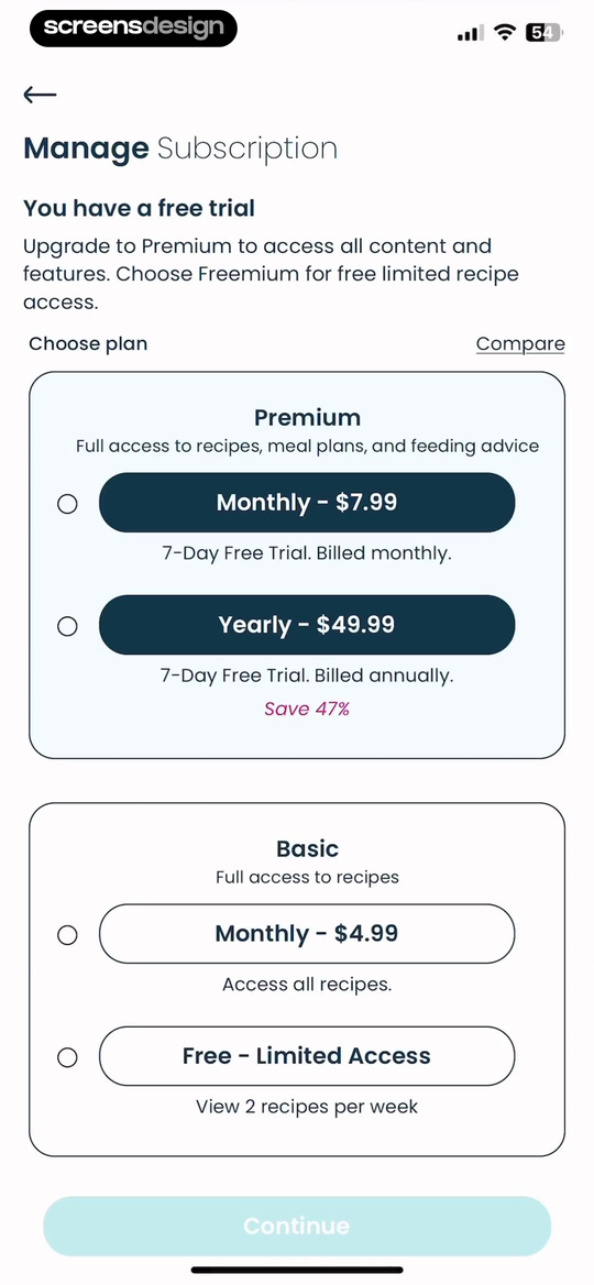 Little Lunches: Kids Meals screen showing premium and Freemium are framed around recipe, meal-plan, and feeding-advice access before the price choice.