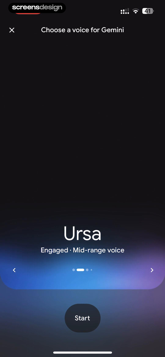 Google Gemini voice selection screen showing Ursa