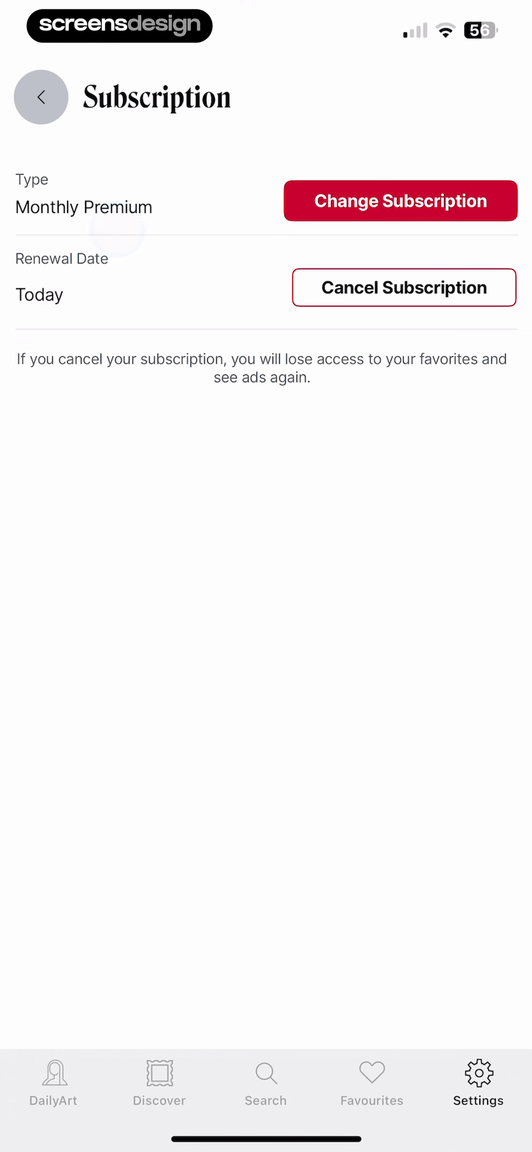 DailyArt screen showing cancellation copy identifies lost favorites and the return of advertising