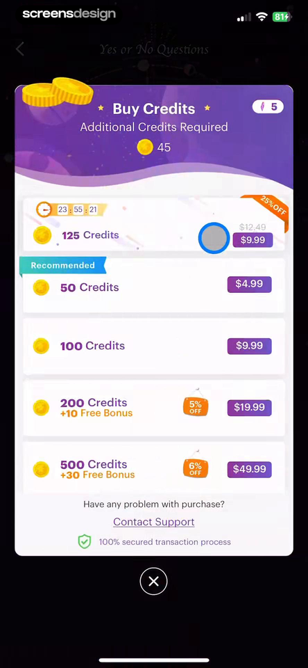 Soulight-Online Psychic Advice mobile app screen showing Yes or No Questions and Buy Credits