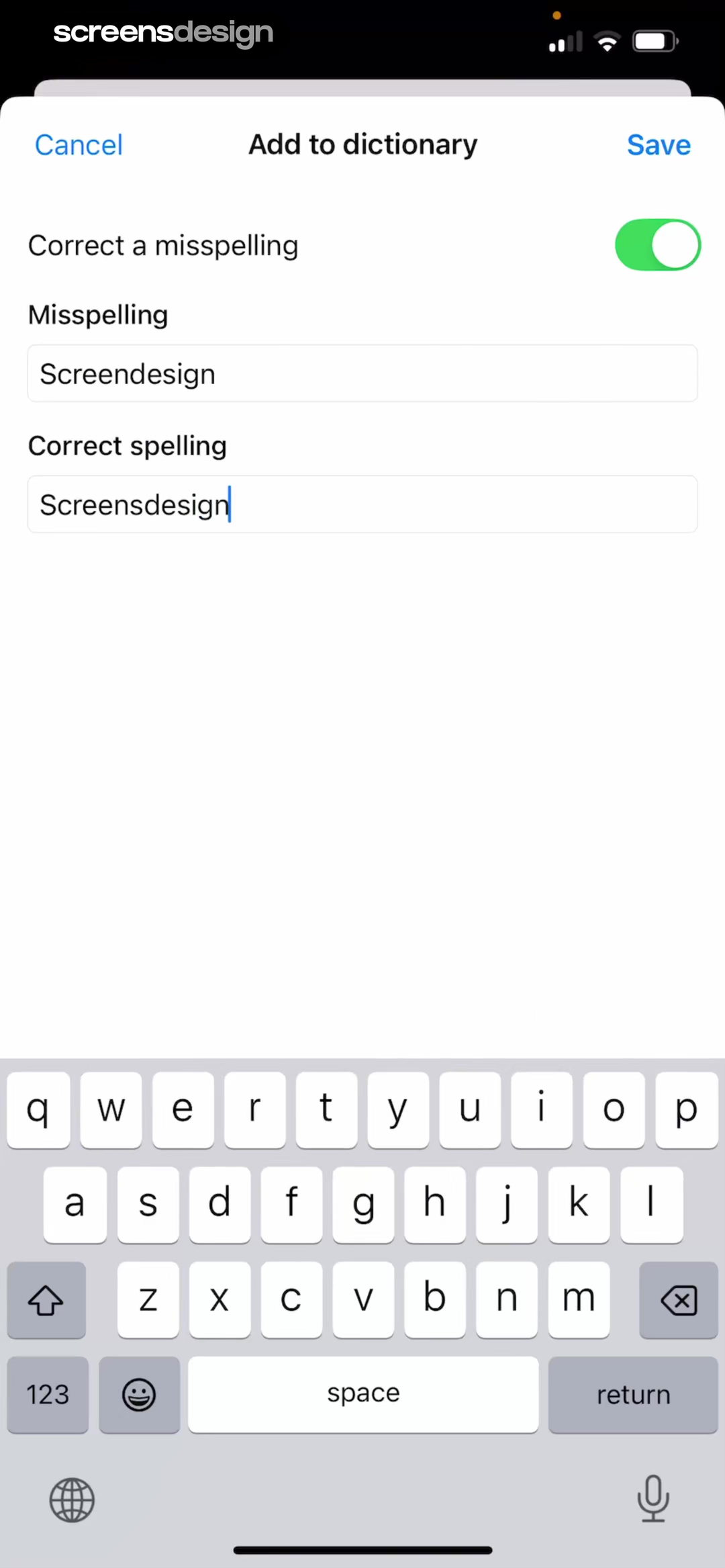 Wispr Flow Add to dictionary form with Cancel and Save actions, a switch, labeled fields, and the iOS keyboard