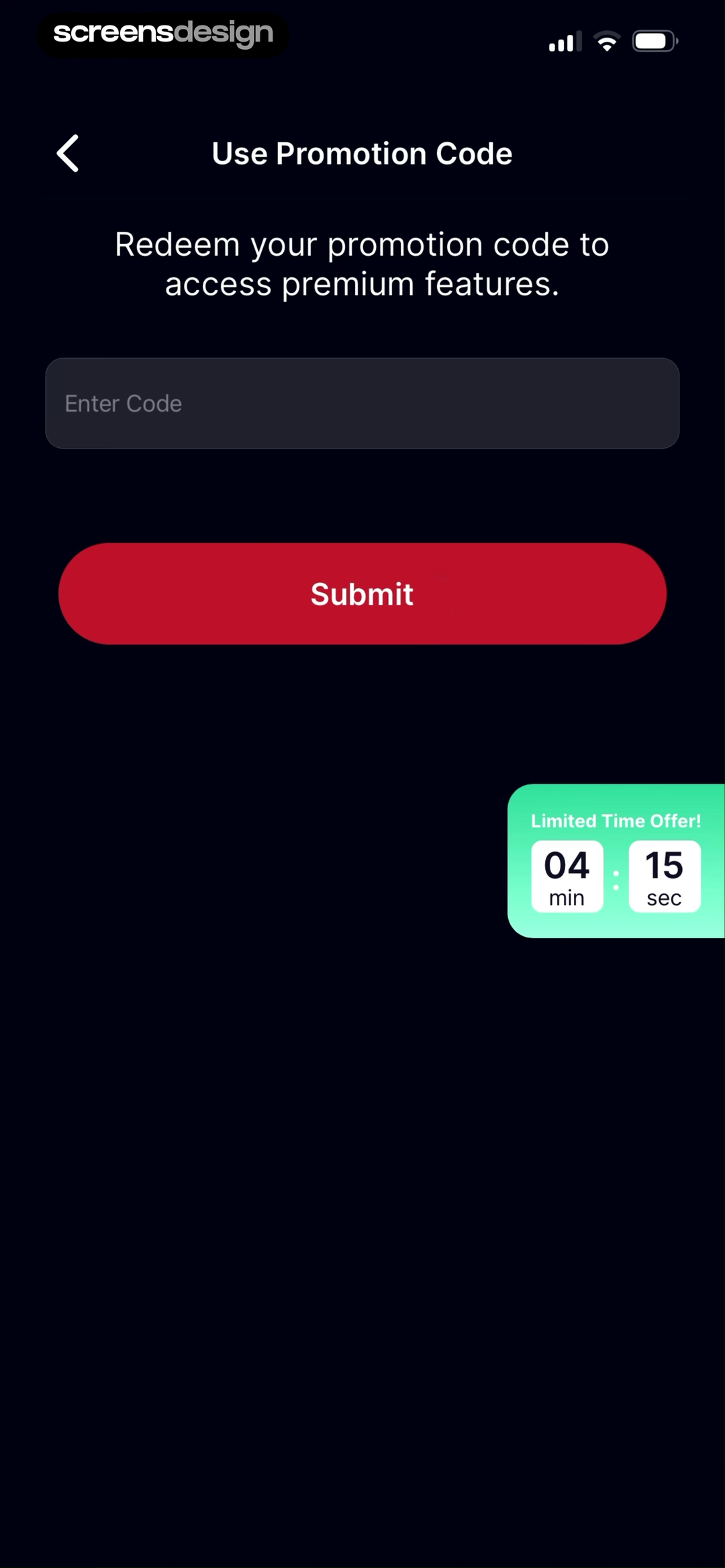 Kegel Men: Men's Health screen showing the screen says the promotion unlocks premium features before asking for the code.