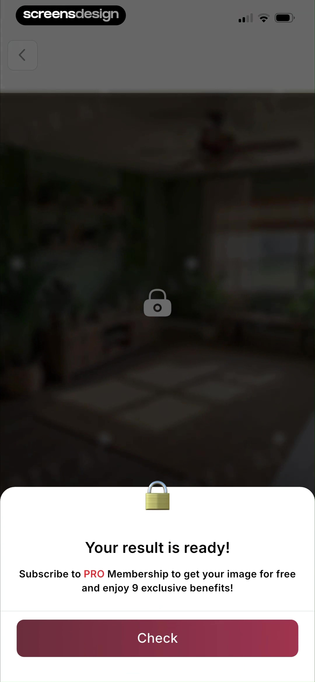 CozyAI screen showing a completed AI home-design result is kept in context while Pro access is requested