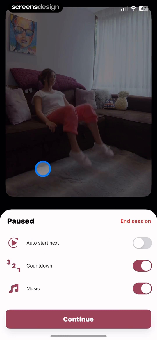 Wakeout! Break the Sit Habit screen showing continue is primary while ending the session and changing automatic progression remain reachable.