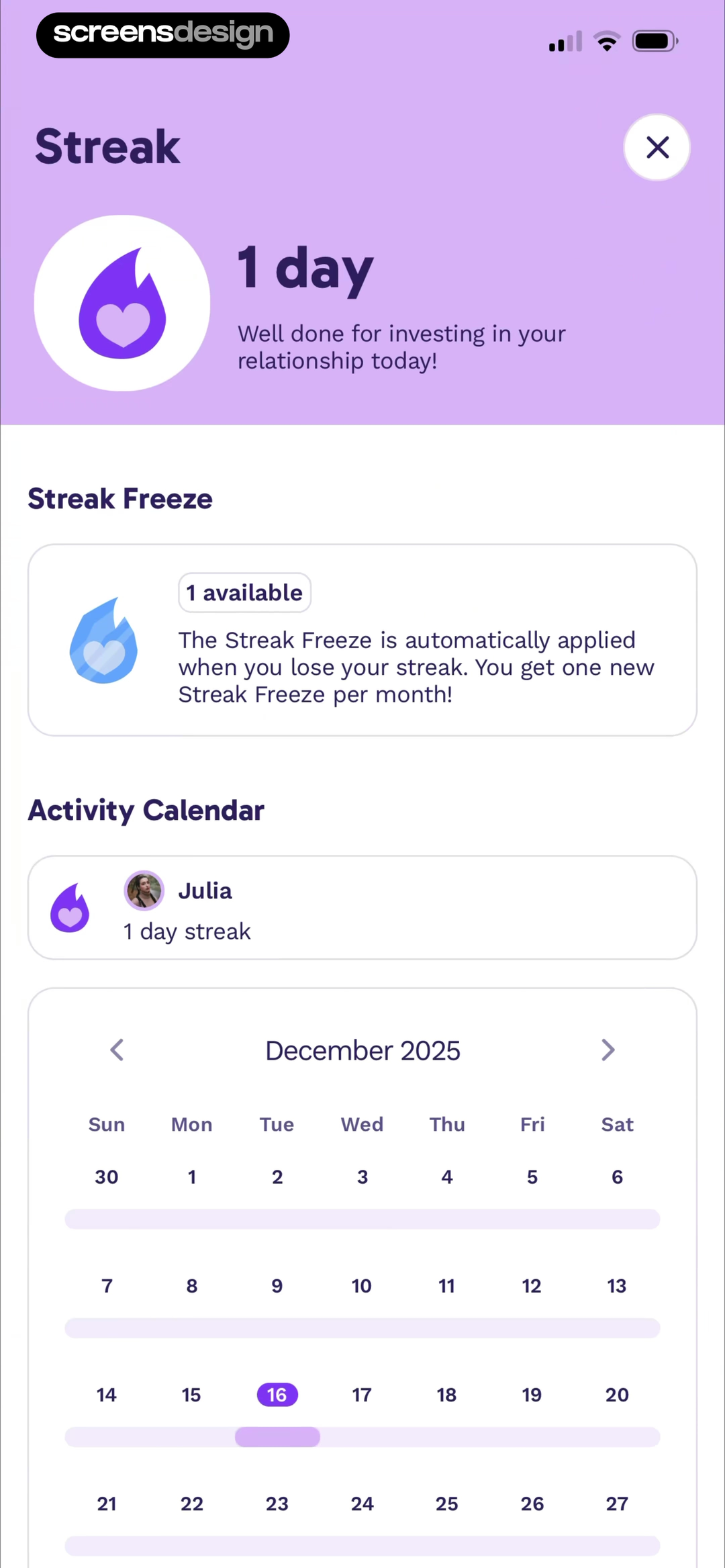 Paired screen showing the relationship streak combines current count, automatic freeze rules, availability, and a shared calendar