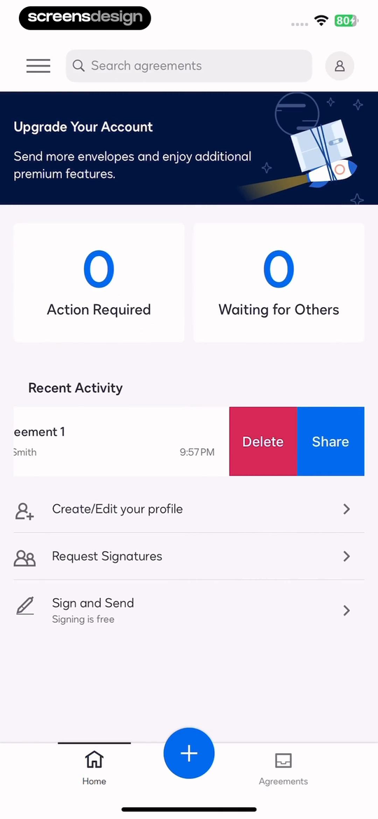 DocuSign home dashboard with zero Action Required, zero Waiting for Others, recent activity, and signature actions
