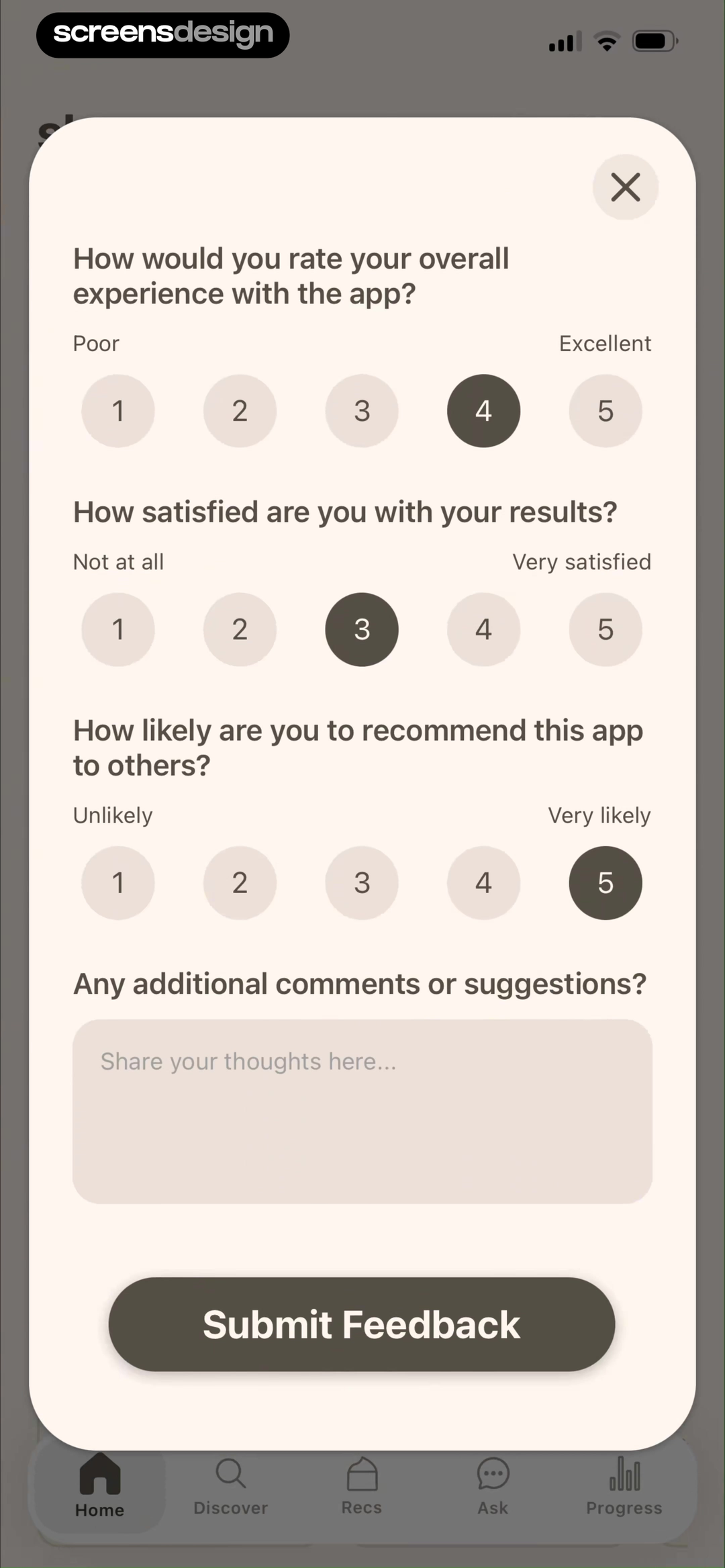 Skan - #1 Skincare App screen showing the survey separates overall experience, result satisfaction, and recommendation intent into explicit scales.