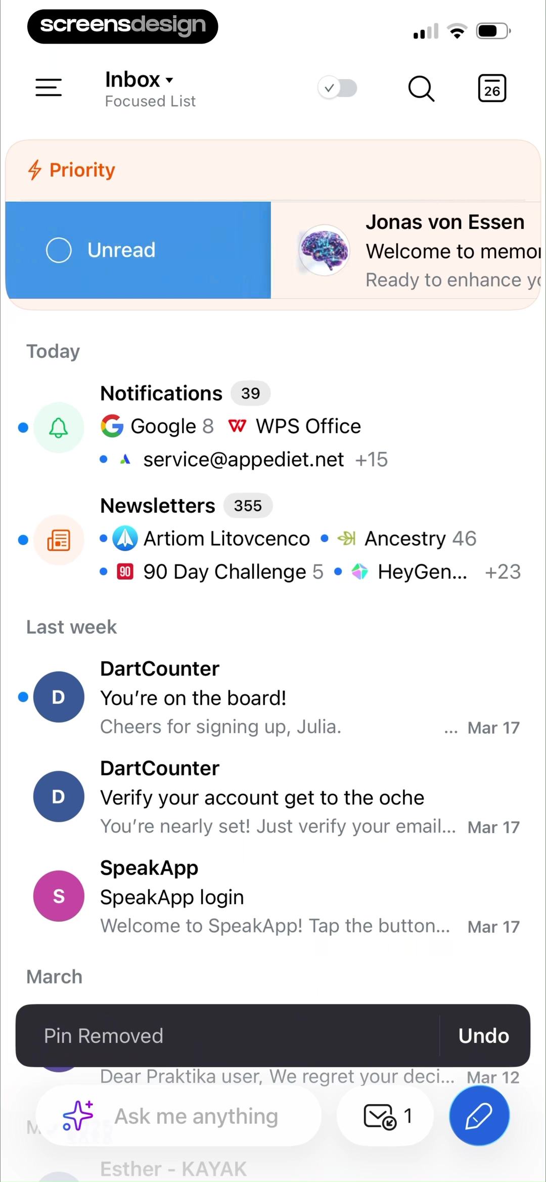 Spark Mail inbox home screen with Priority and Unread controls, grouped notifications and newsletters, messages, and an Undo bar