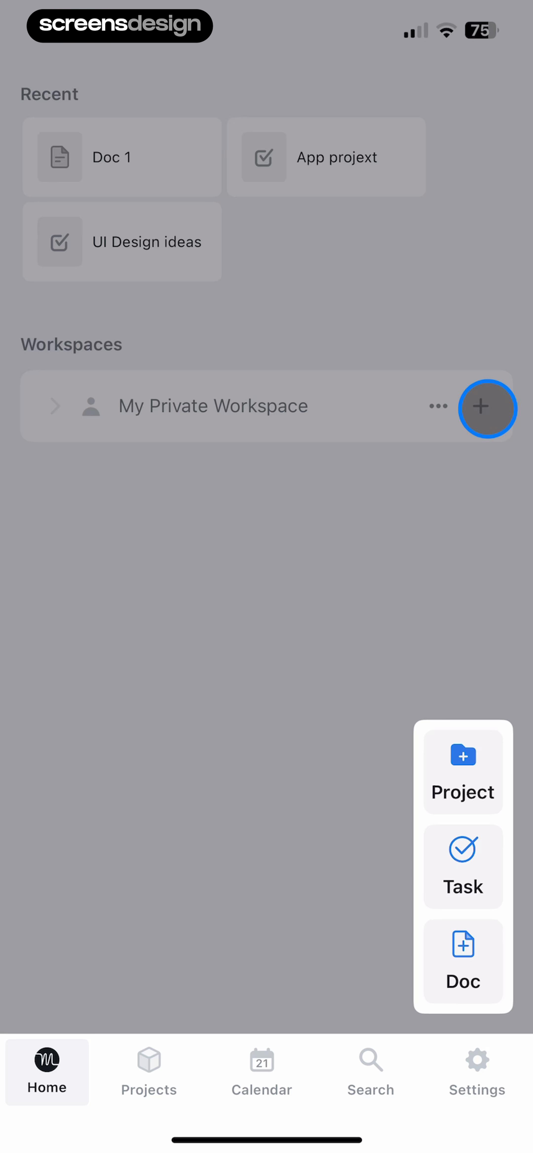 Motion home screen with the create action expanded into project, task, and document choices