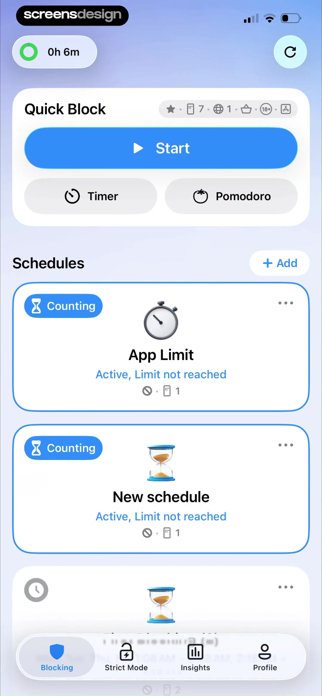 AppBlock dashboard with quick block timer schedules app limits and strict mode