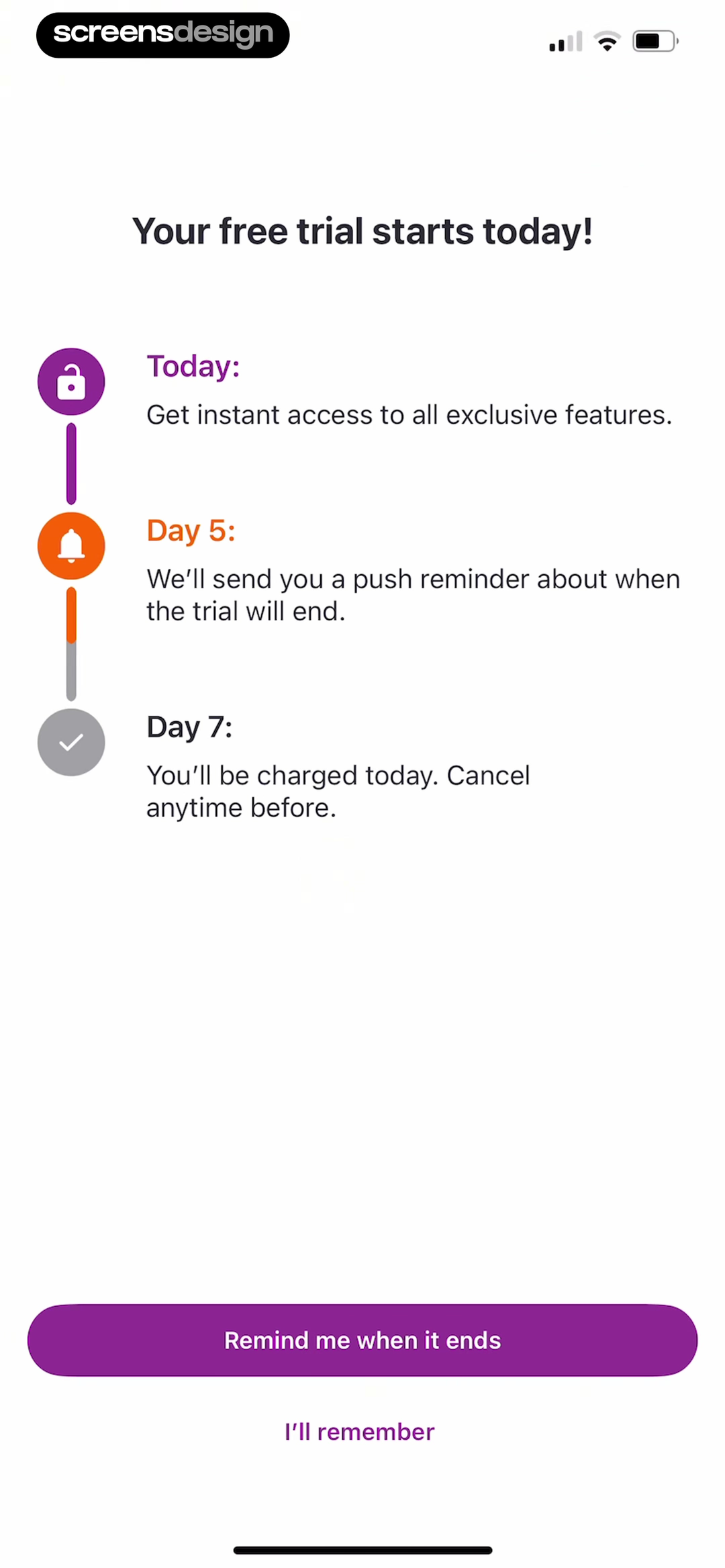 Moovit screen showing exclusive access, Day 5 push reminder, Day 7 charge, and reminder choice are explicit