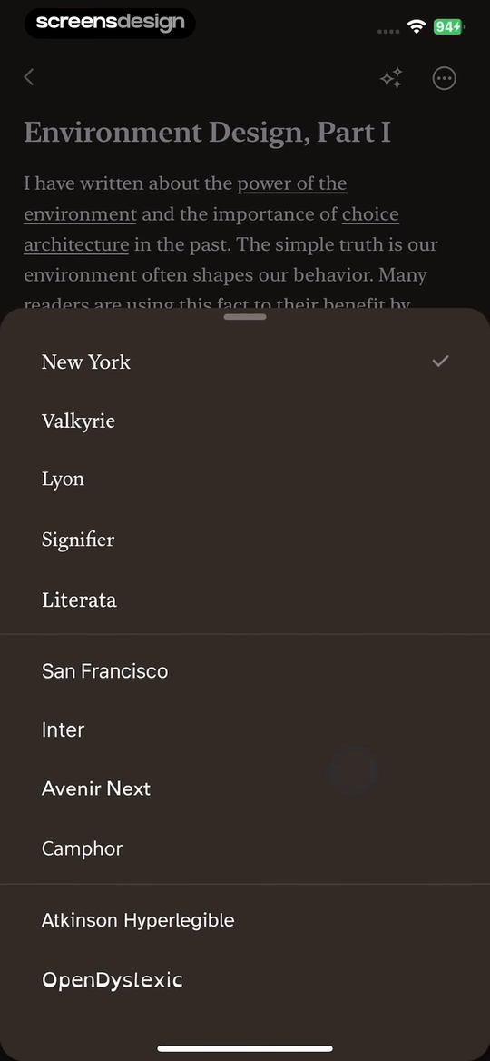 Matter reading screen with a font selection sheet listing accessible typeface choices
