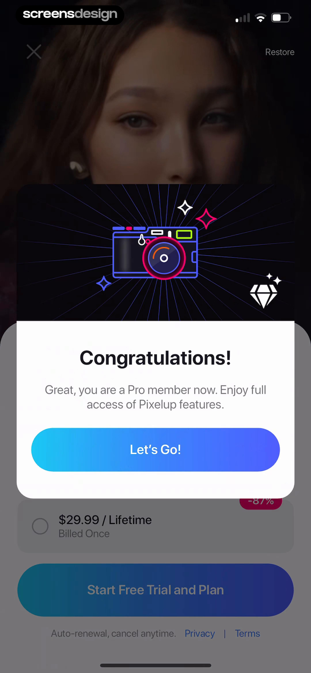 Pixelup: AI Photo Enhancer App mobile app screen showing Great, you are a Pro member now. Enjoy full access of Pixelup features and Let's Go!