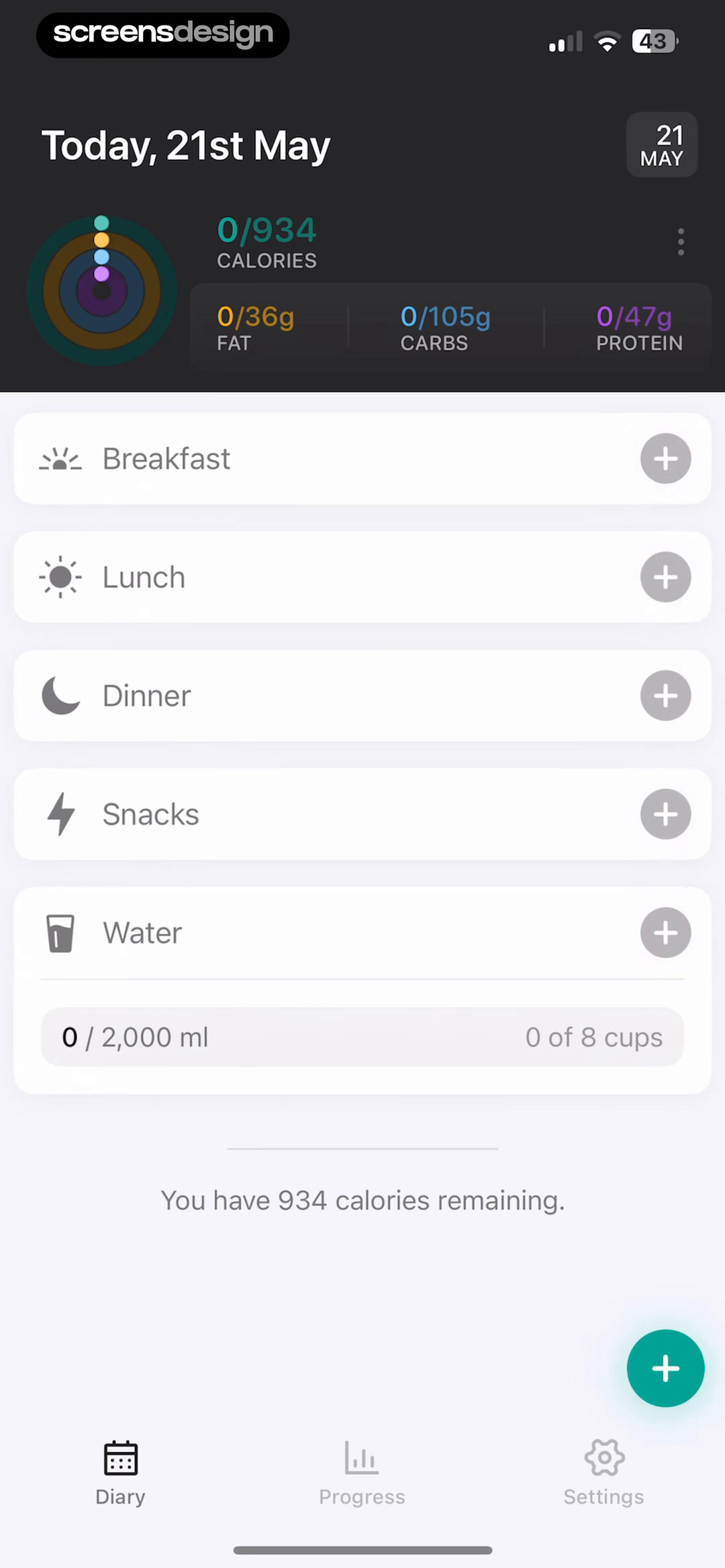 EatWell daily dashboard before food is logged, with empty meals and calorie and macro targets