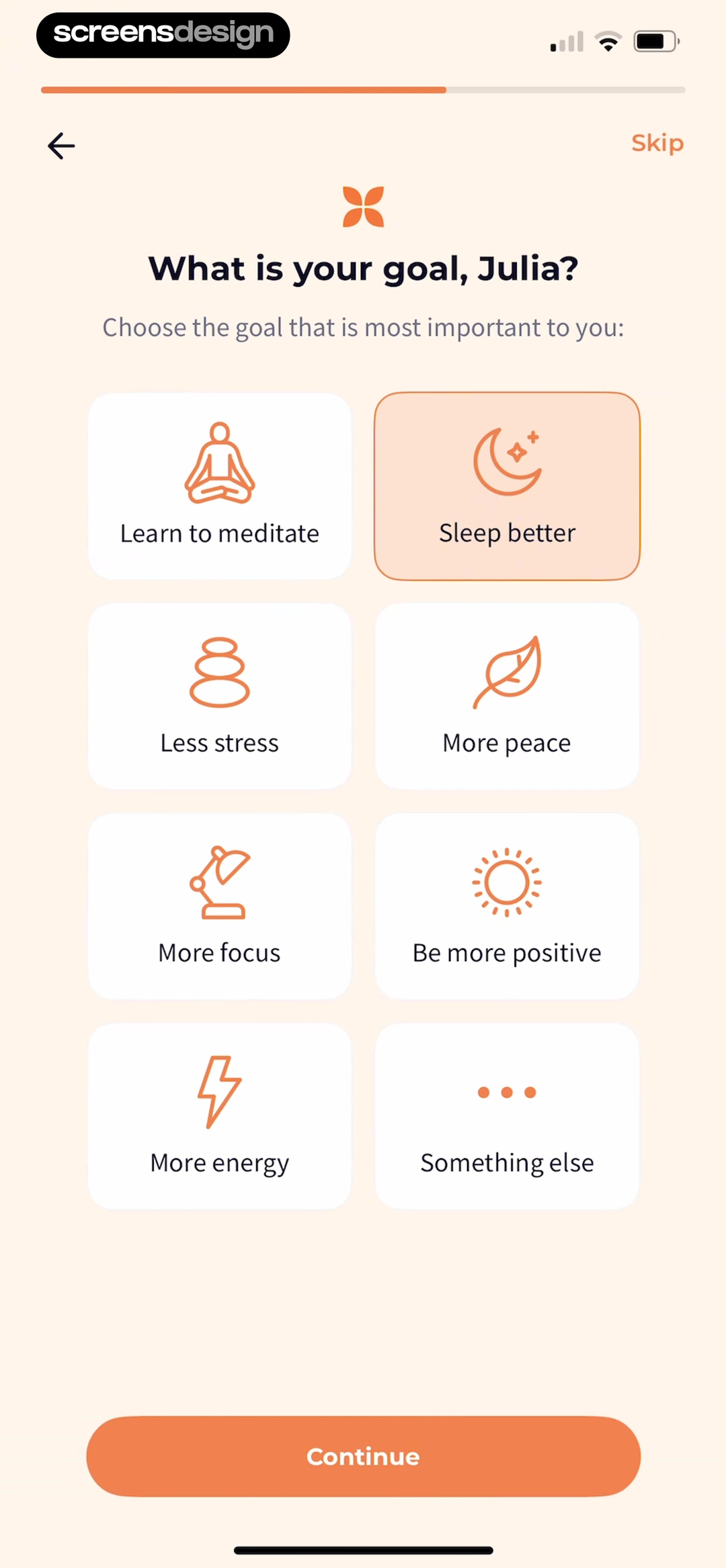Meditation Moments - Guided screen showing one primary goal is chosen from meditation, sleep, stress, peace, and focus.