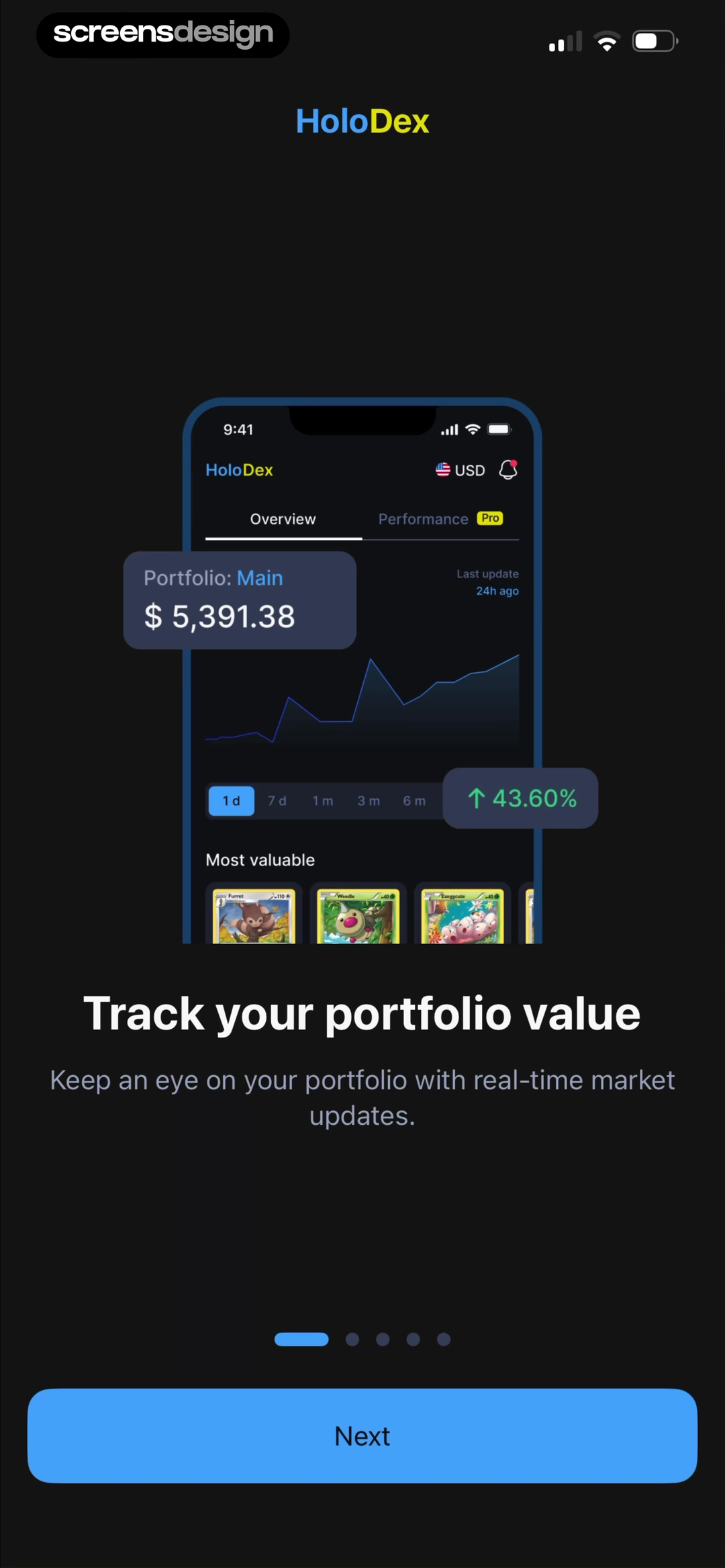 HoloDex onboarding screen about portfolio tracking