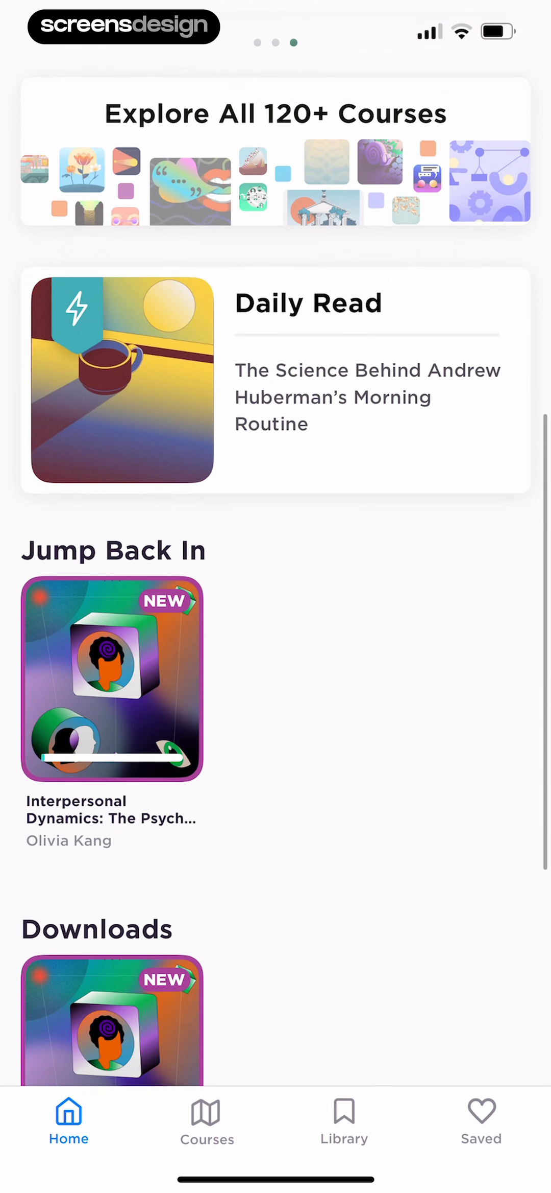 Imprint home screen organizing courses, a daily read, progress, and downloads into clear cards