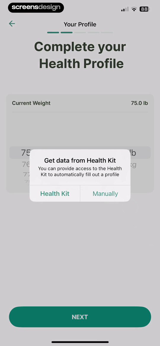 Calorie Counter health profile prompt offering HealthKit import or manual entry