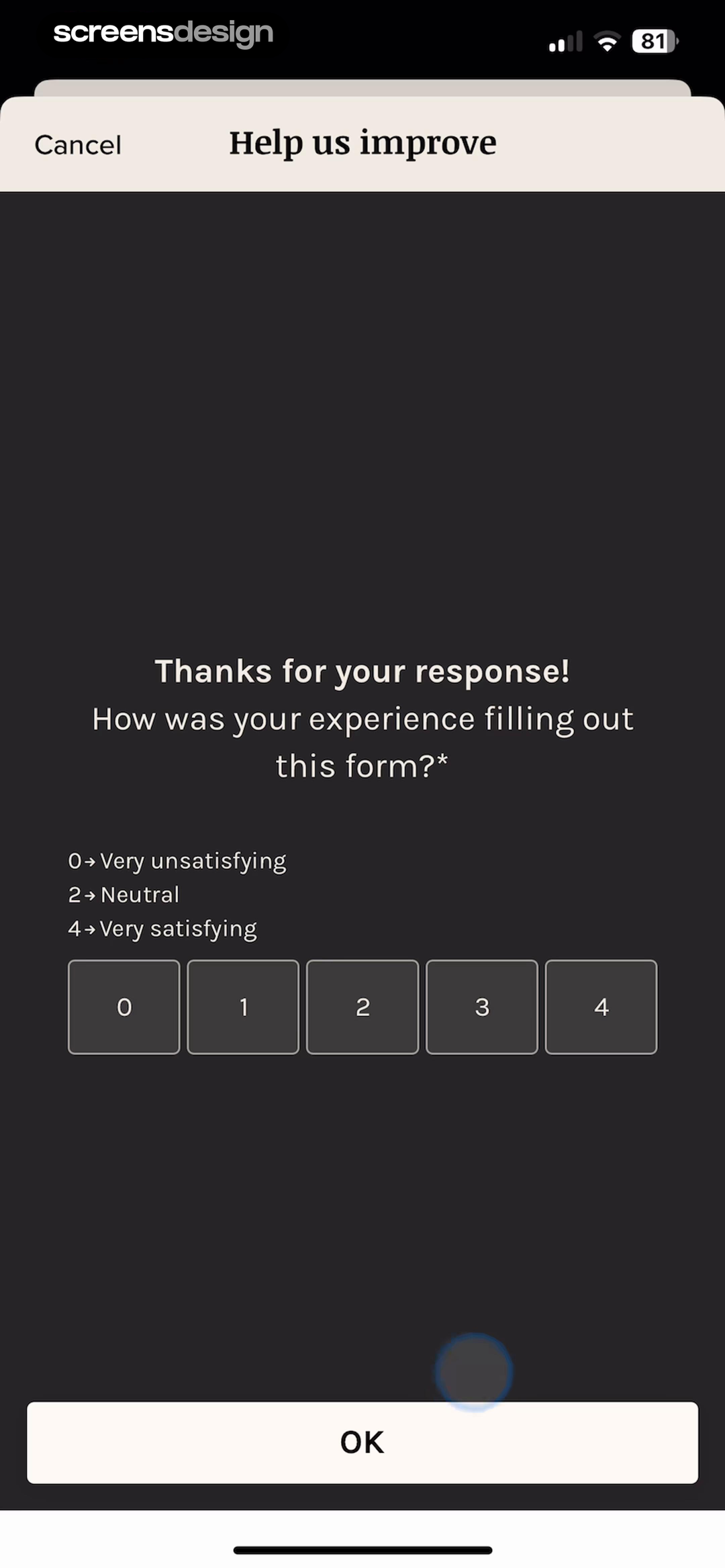 Vocabulary - Learn words daily screen showing the follow-up asks about the experience of the form itself and anchors the scale from unsatisfying to satisfying.
