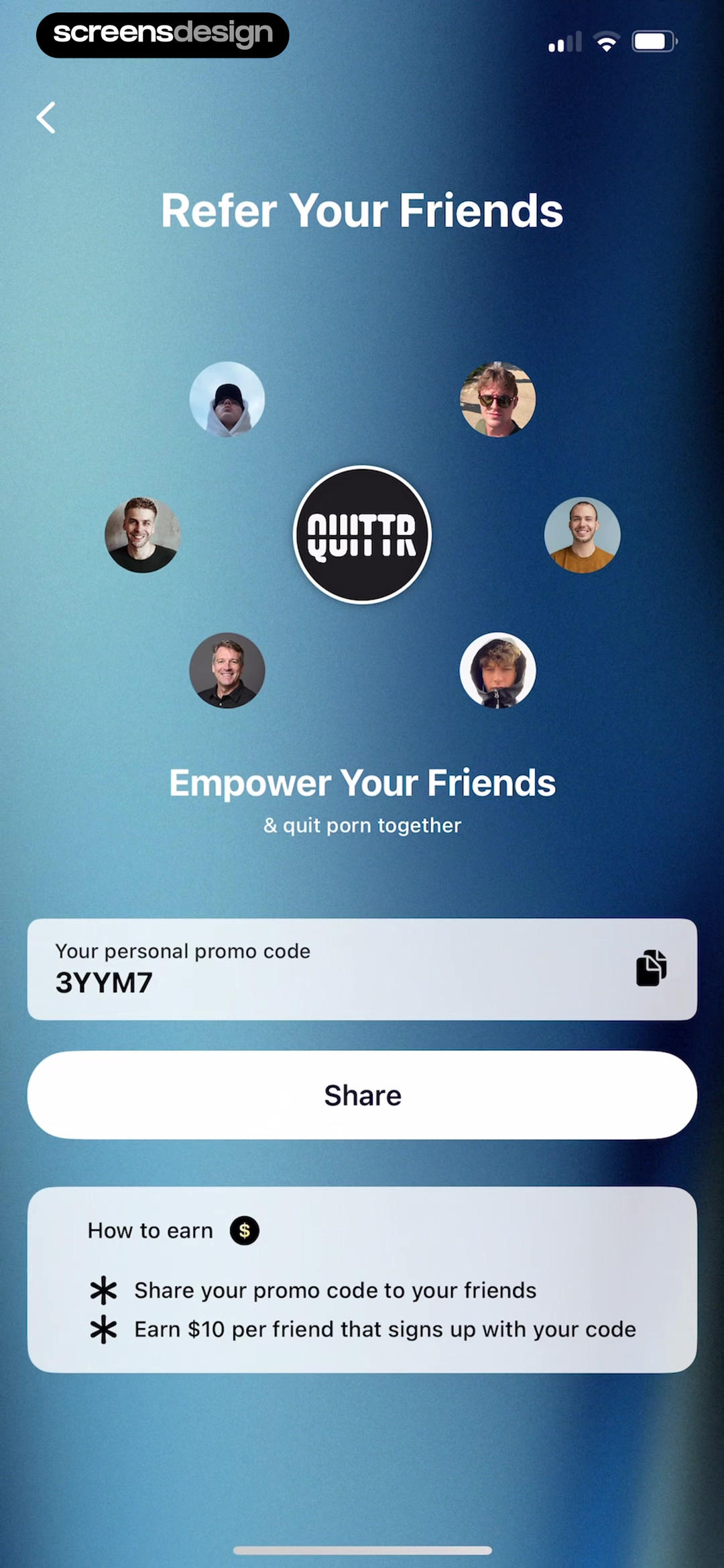 QUITTR screen showing a personal code and $10 sign-up reward make the inviter's value explicit