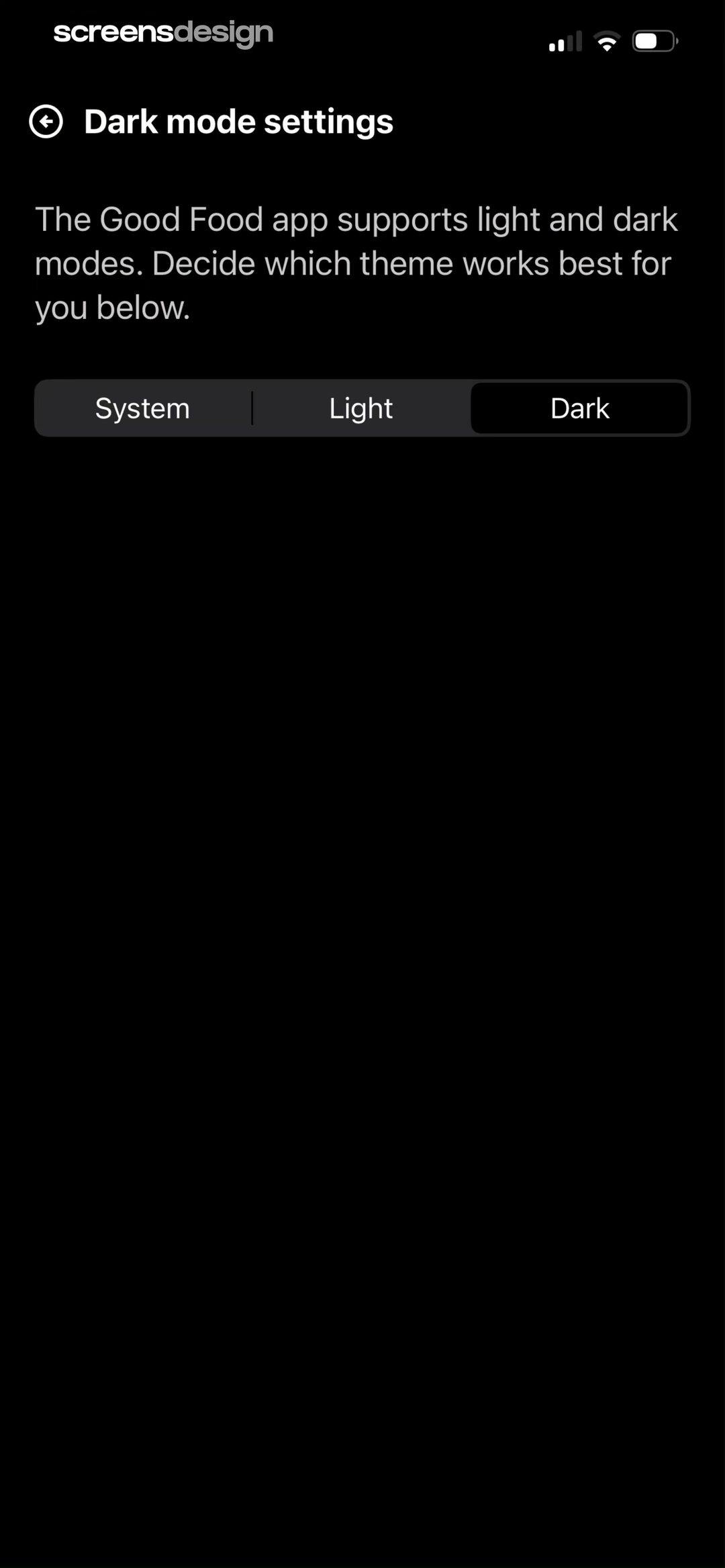 Good Food Dark mode settings in dark appearance with Dark selected in the segmented control