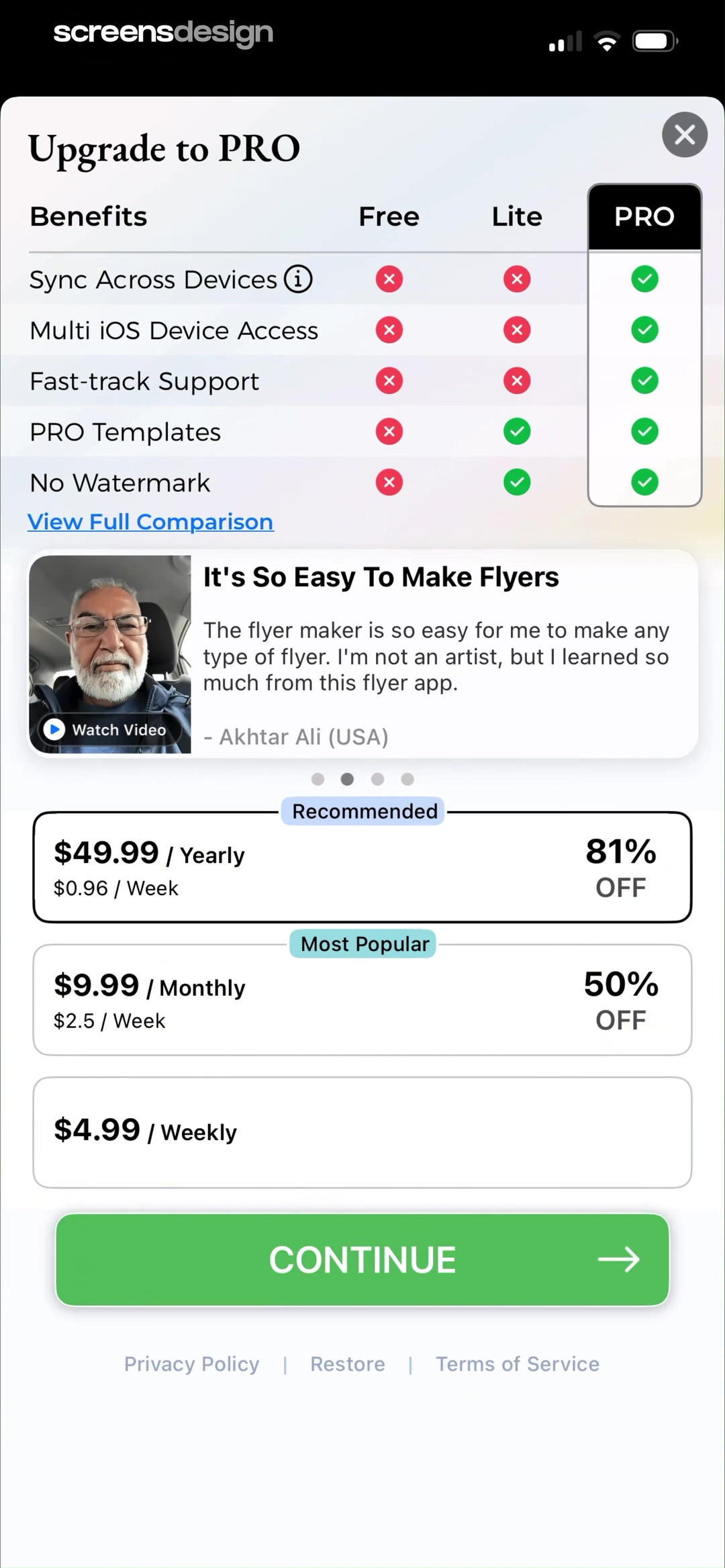 Flyer Maker + Poster Maker screen showing free, Lite, and Pro are compared through sync, device access, support, templates, and watermark removal.