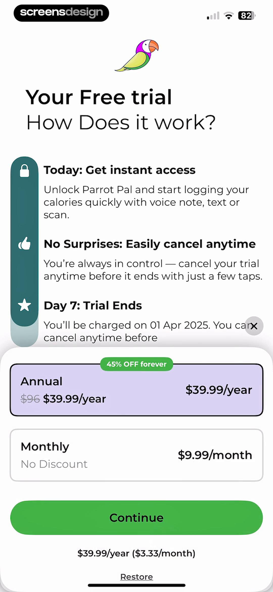 ParrotPal free trial paywall with a three-step explanation and annual and monthly subscription cards